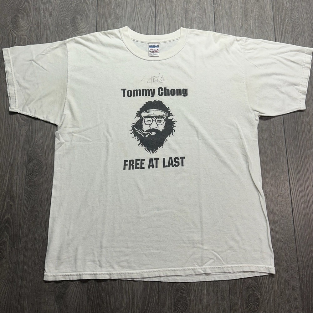 Vintage Tommy Chong Free At Last Graphic T-Shirt Mens XL White Heavy Cotton Tee
